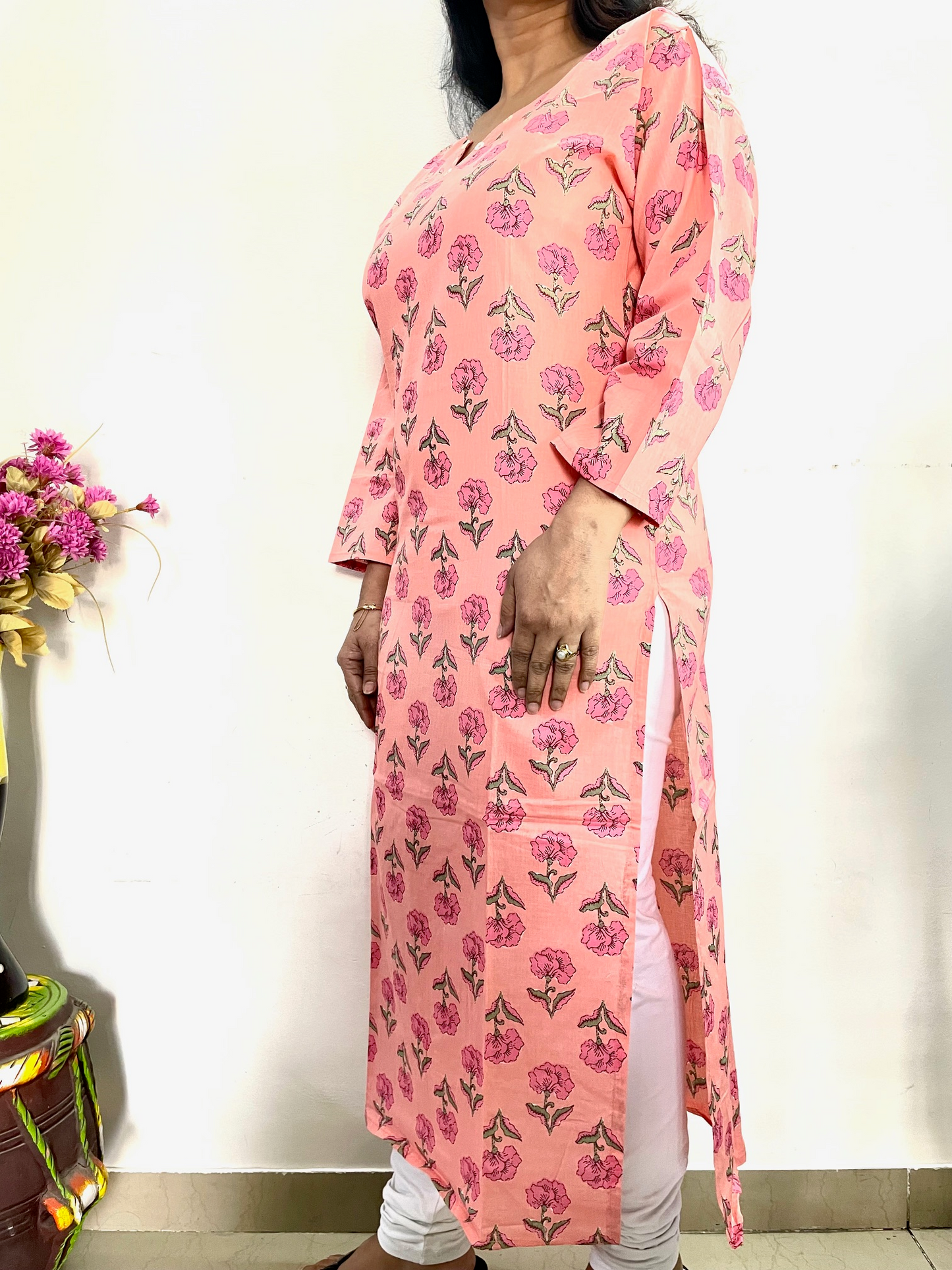 Cotton Printed Straight Fit Kurta - Pink