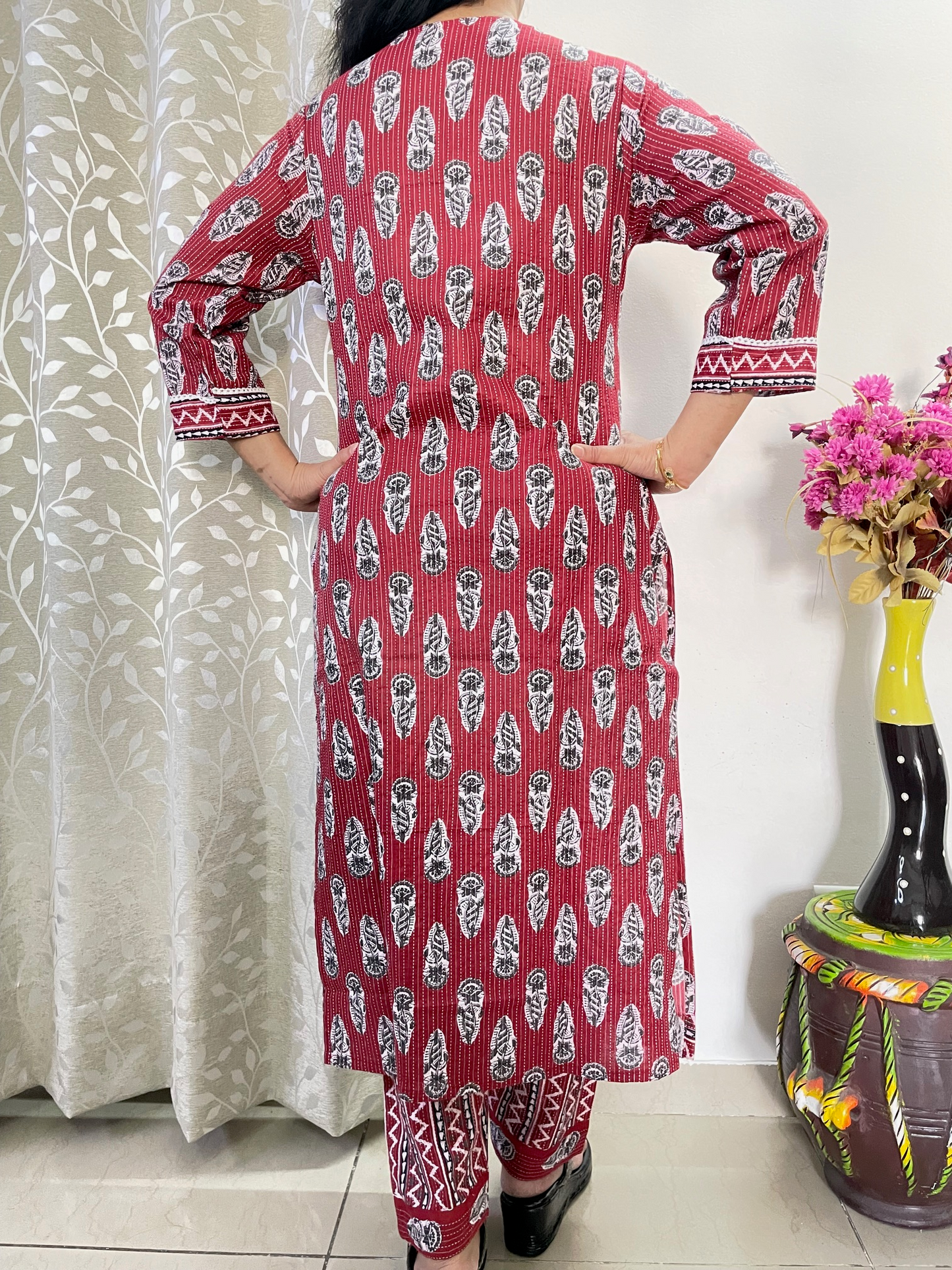 Cotton Kantha Straight Suit Set - Maroon