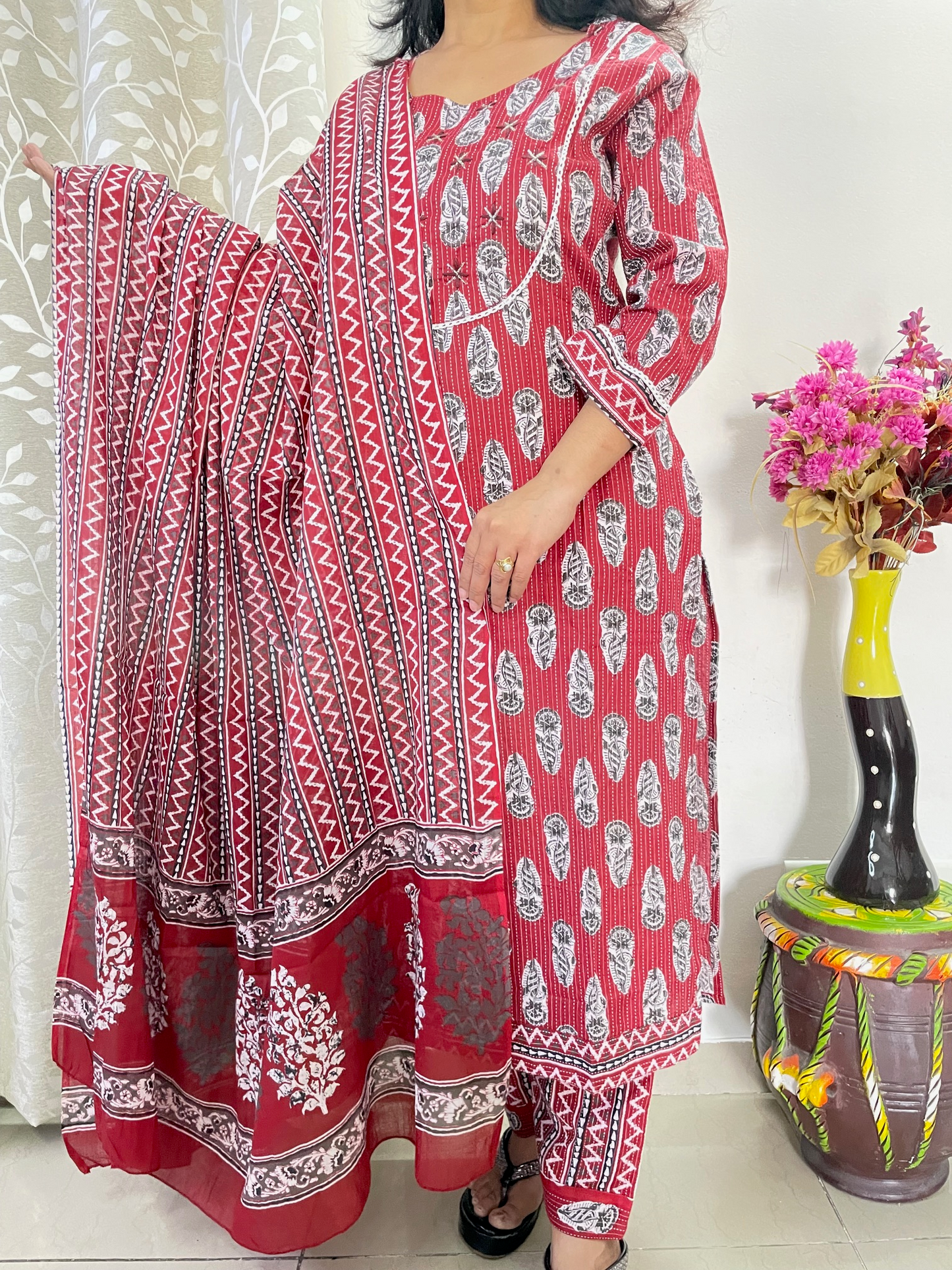 Cotton Kantha Straight Suit Set - Maroon