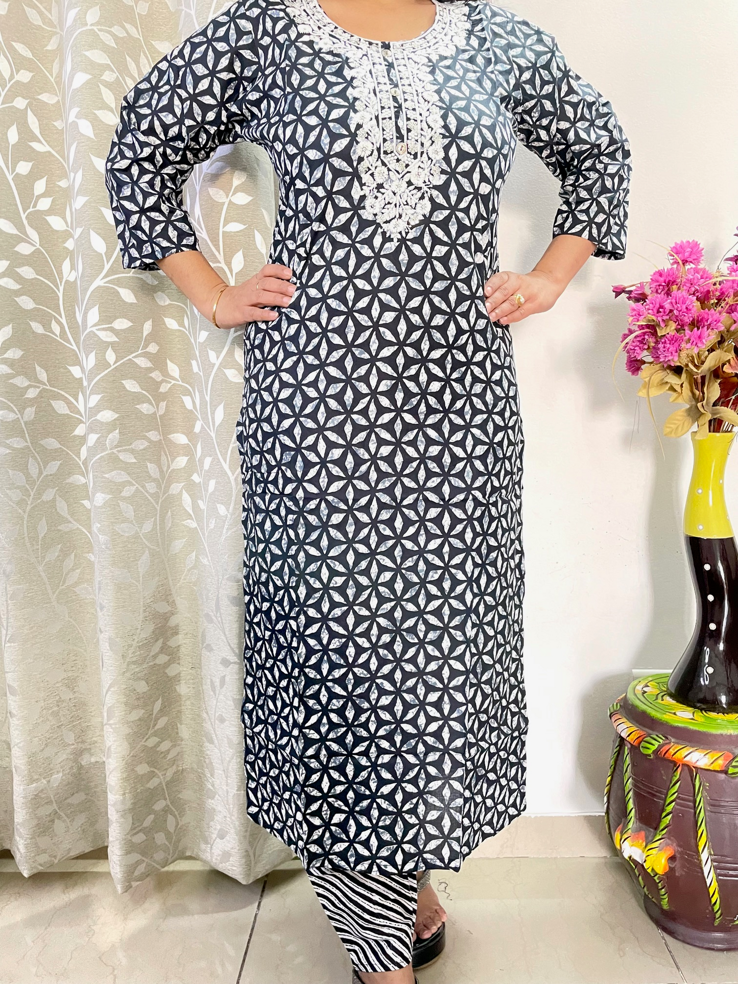 Cotton Printed Straight Kurta and Pant - Black