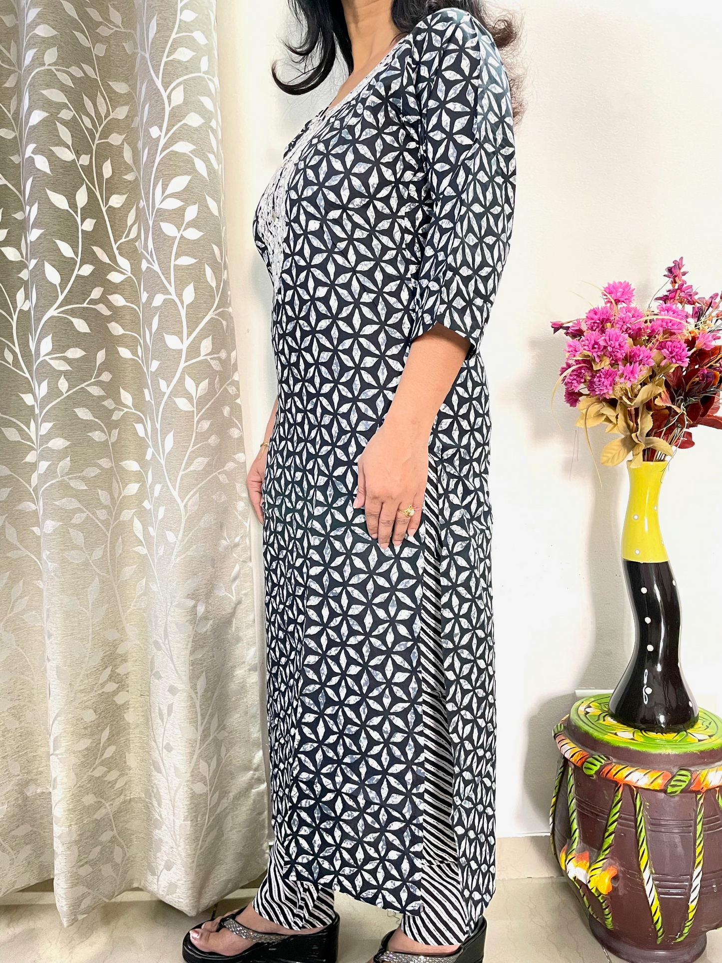 Cotton Printed Straight Kurta and Pant - Black