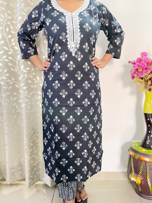 Cotton Printed Straight Kurta and Pant - Black