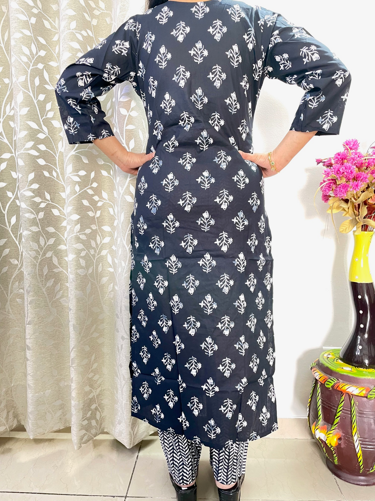 Cotton Printed Straight Kurta and Pant - Black