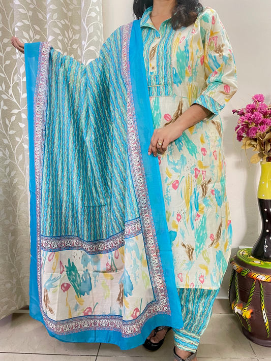 Muslin Printed Suit Set - Blue