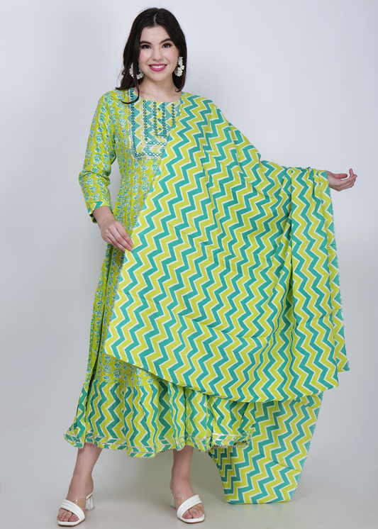 Rayon Printed and Embroidered Kurta with Dupatta - Yellow