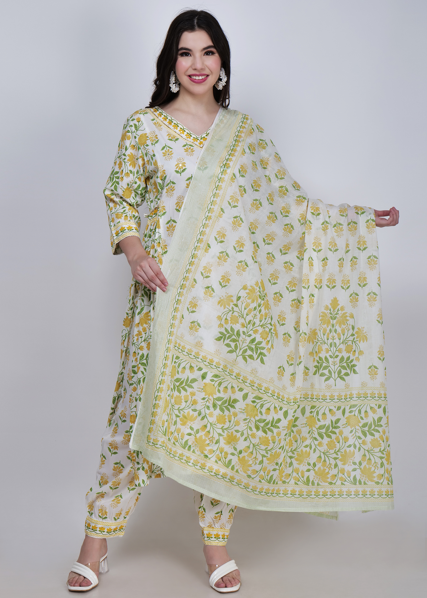 Rayon Printed Flared Suit Set - White