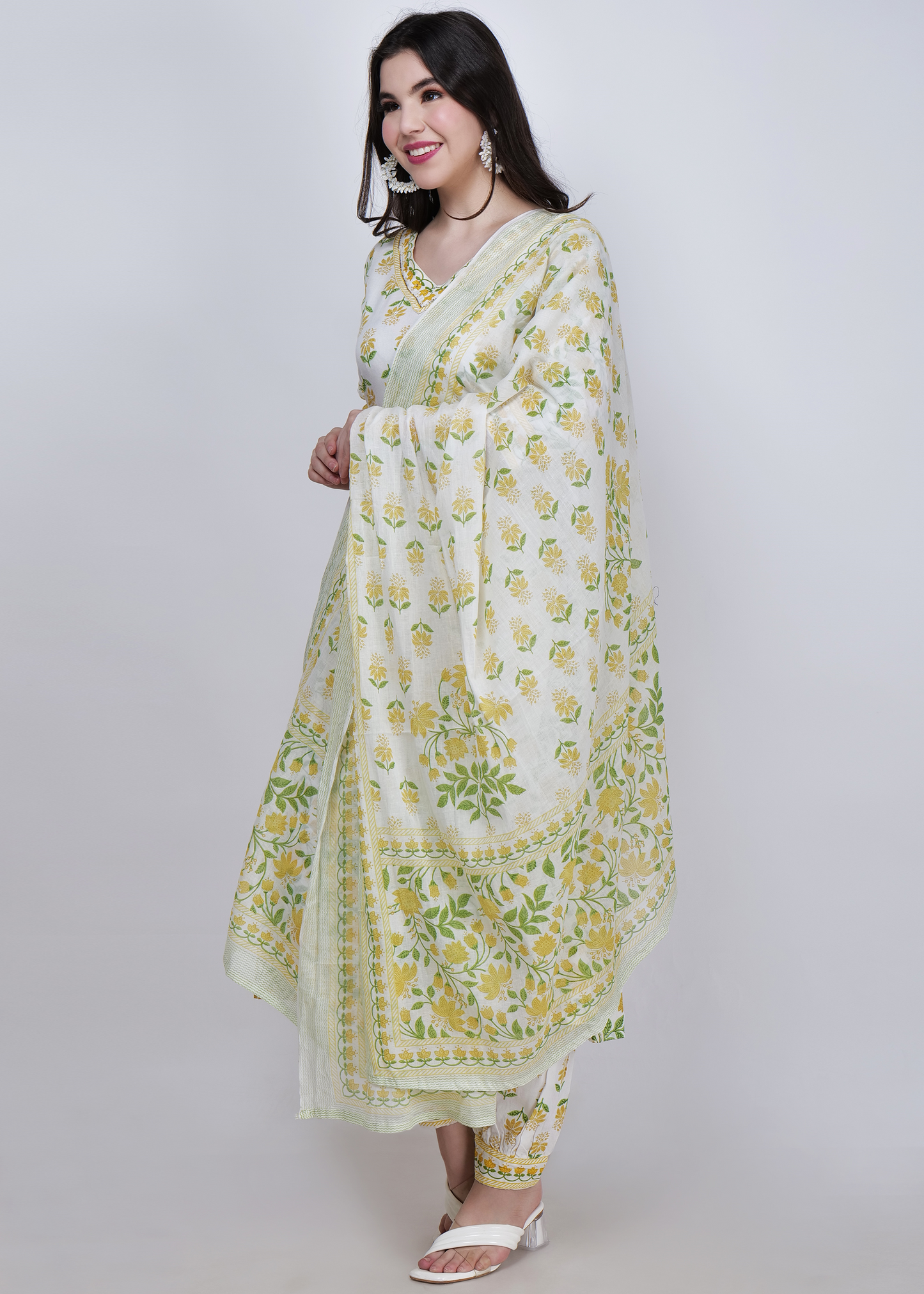 Rayon Printed Flared Suit Set - White