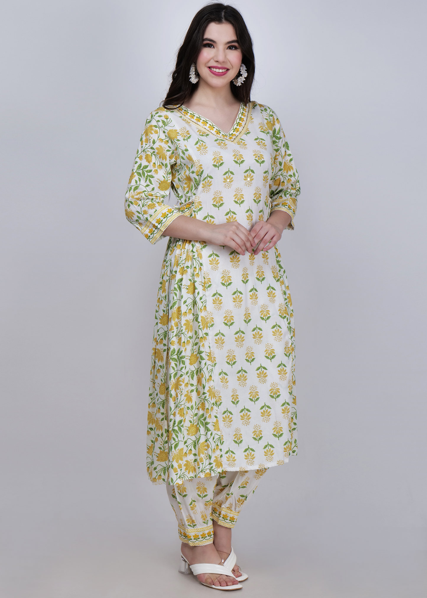 Rayon Printed Flared Suit Set - White