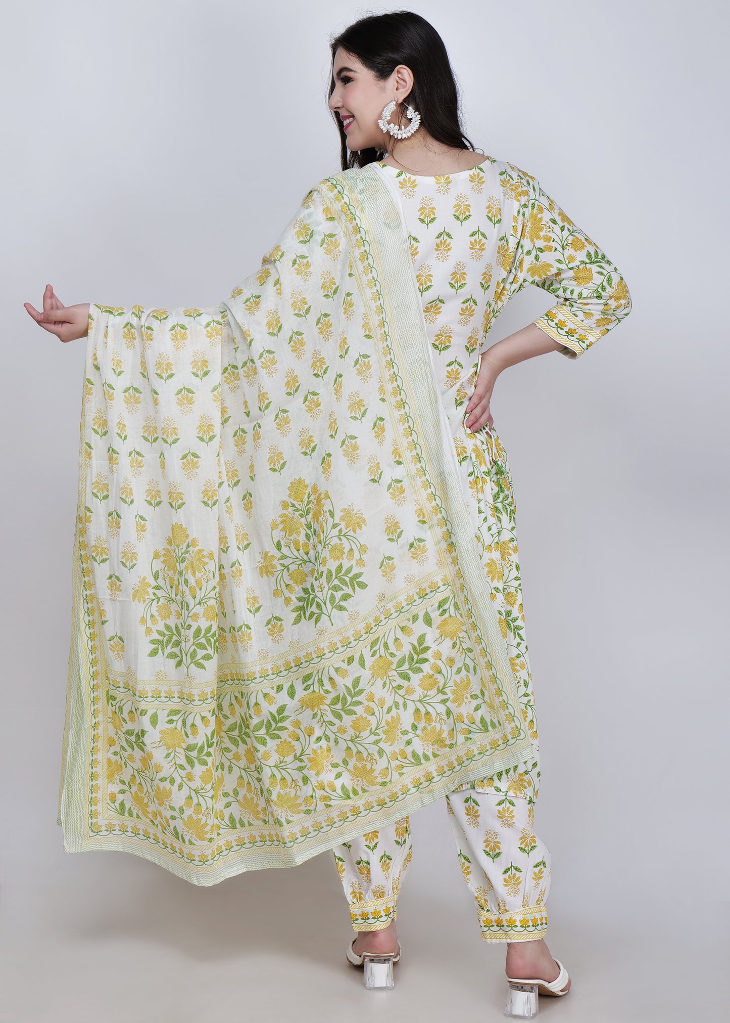 Rayon Printed Flared Suit Set - White