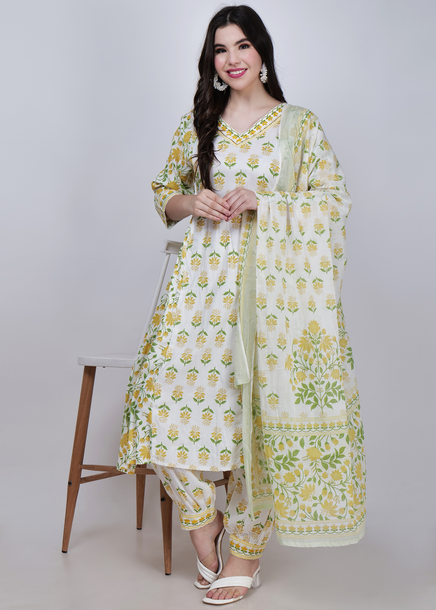 Rayon Printed Flared Suit Set - White