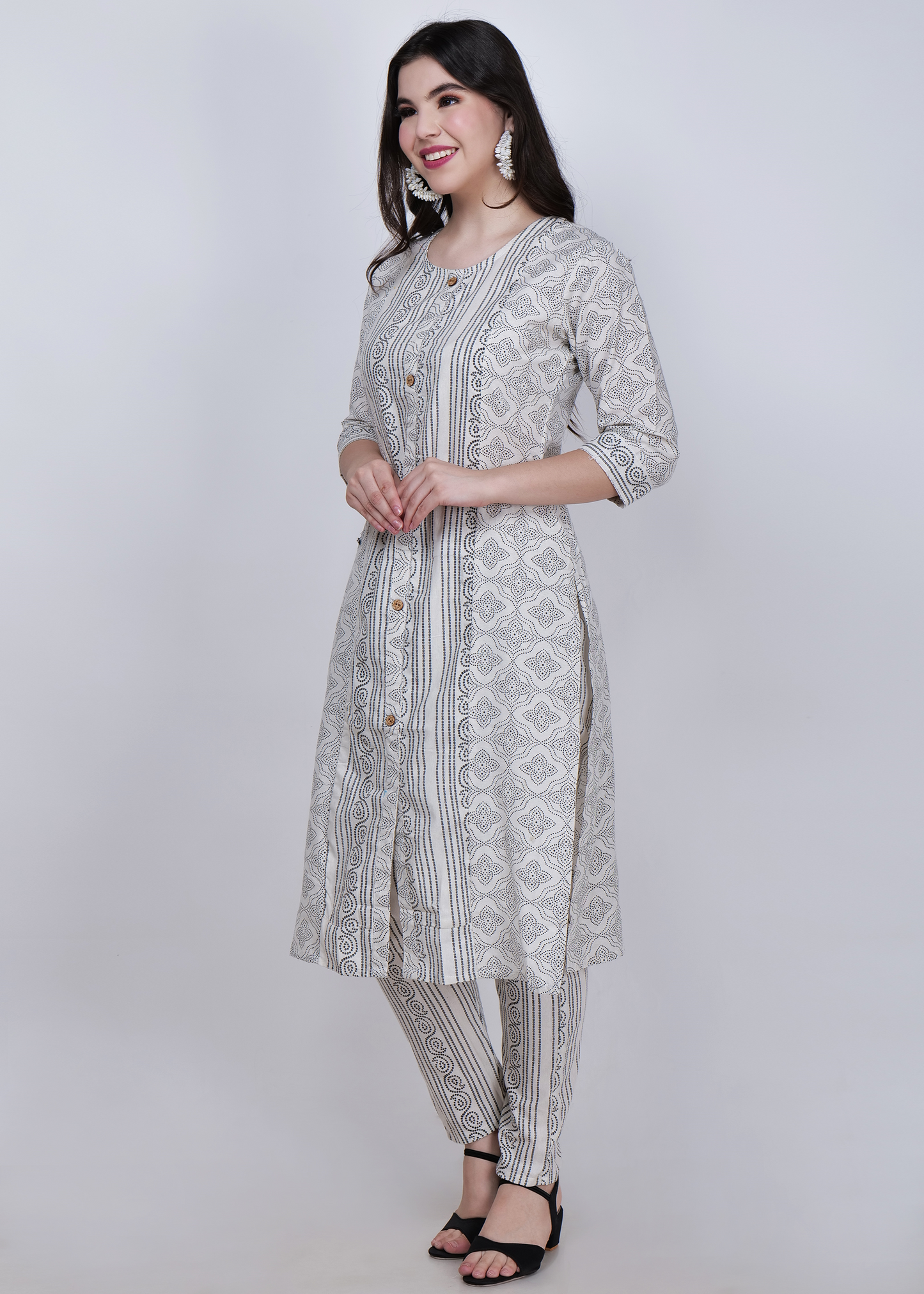 Cotton Printed Straight Suit Set - White