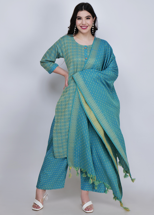 Jacquard Cotton Kurta With Palazzo and Dupatta - Green