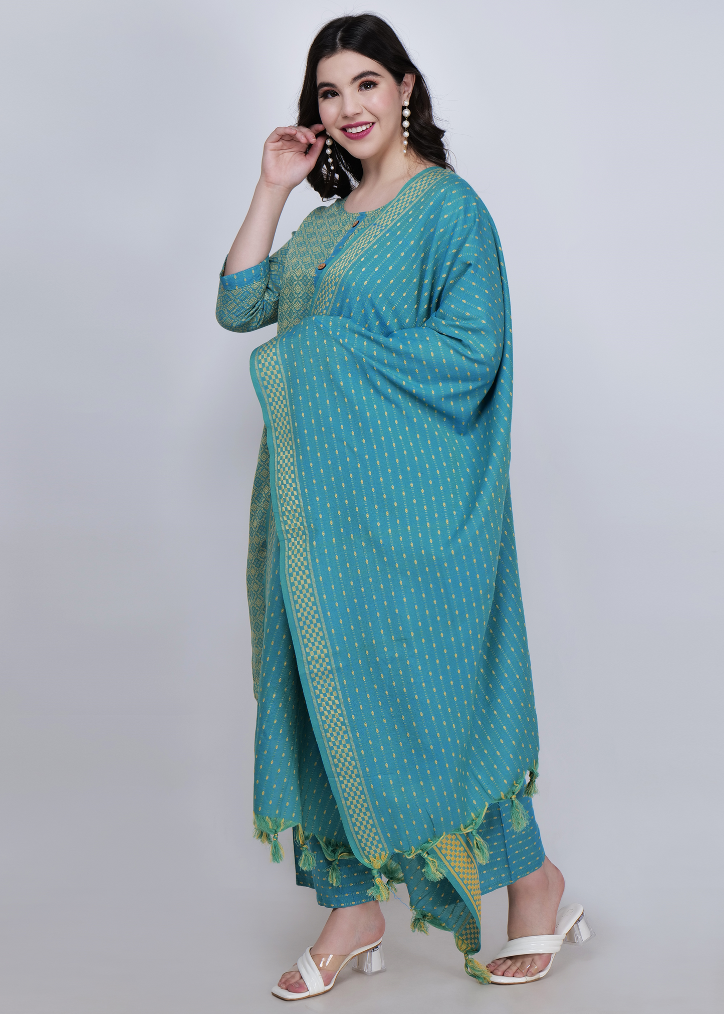 Jacquard Cotton Kurta With Palazzo and Dupatta - Green