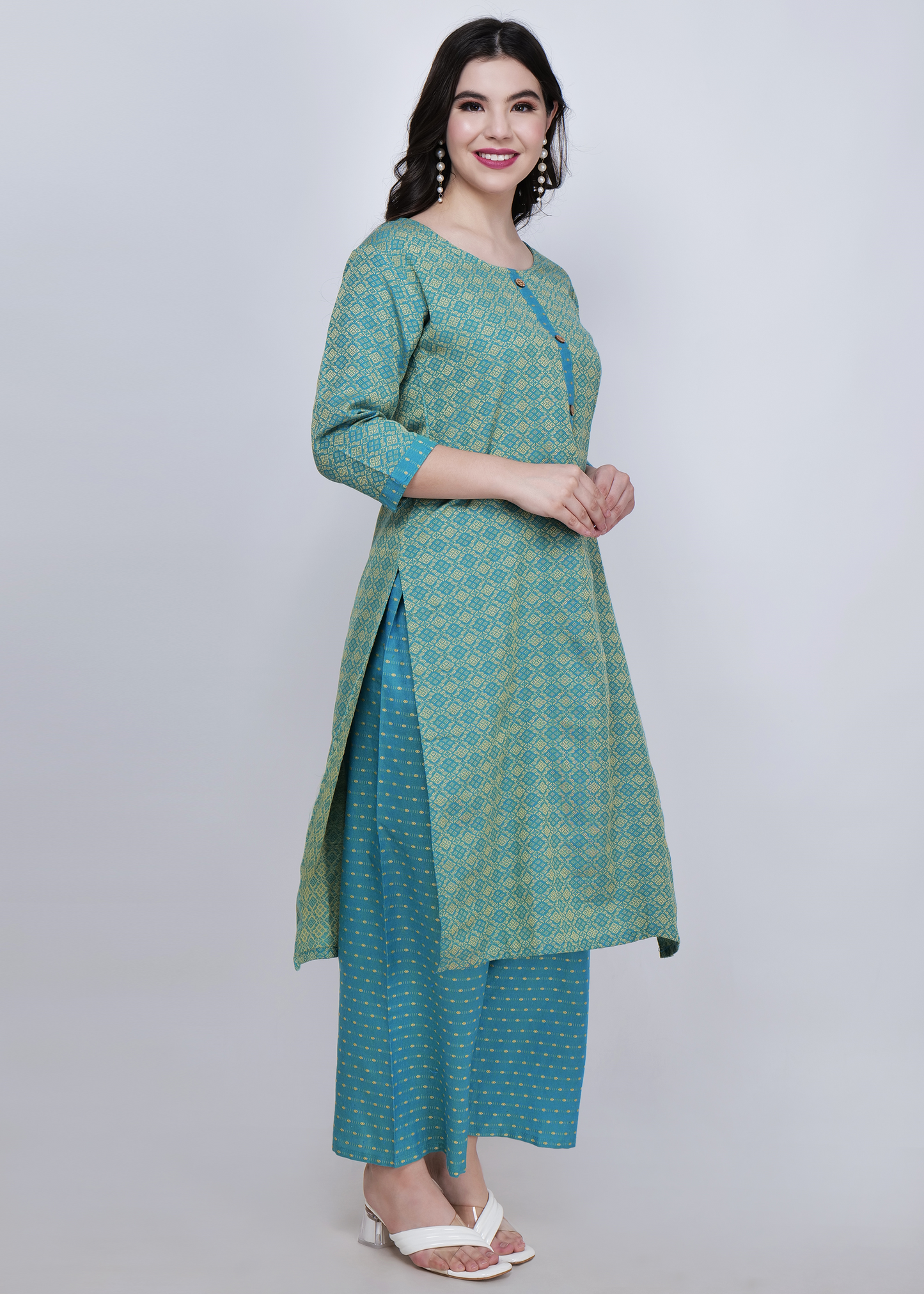 Jacquard Cotton Kurta With Palazzo and Dupatta - Green