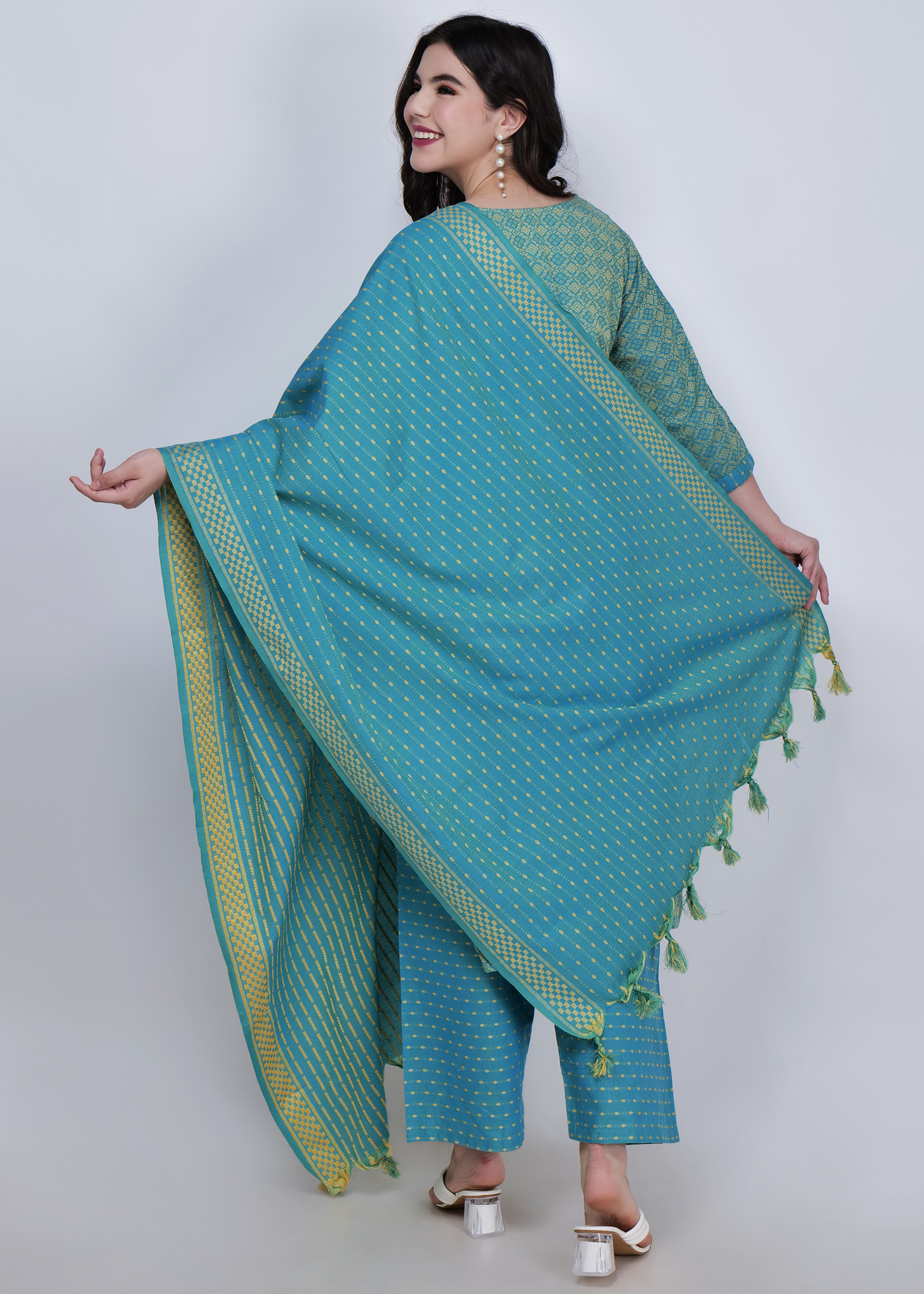 Jacquard Cotton Kurta With Palazzo and Dupatta - Green