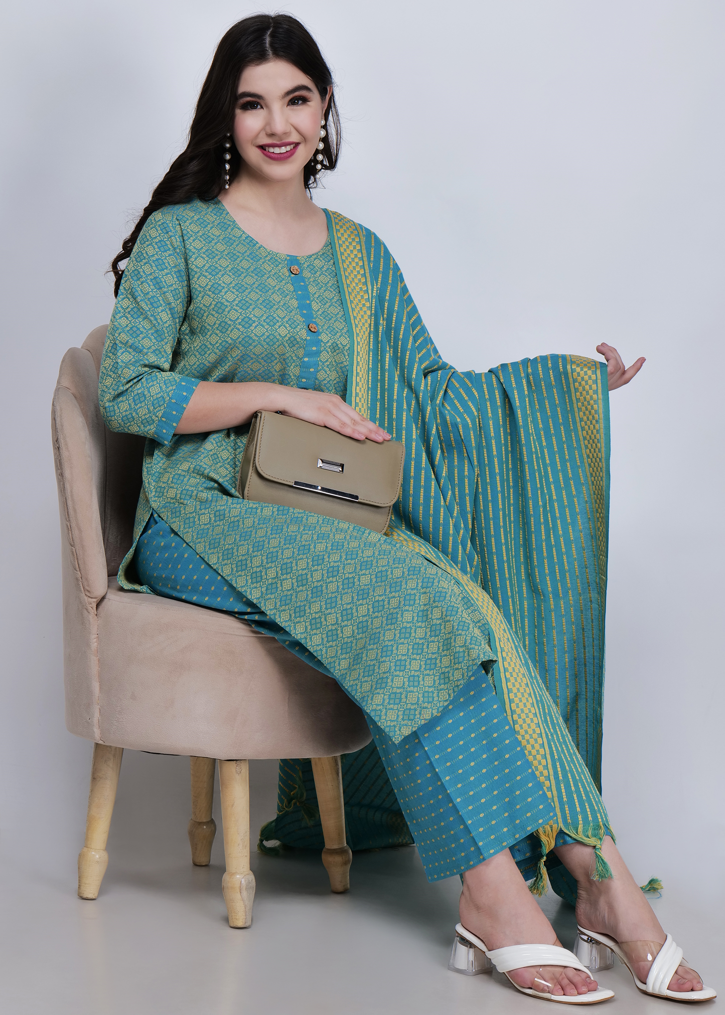 Jacquard Cotton Kurta With Palazzo and Dupatta - Green