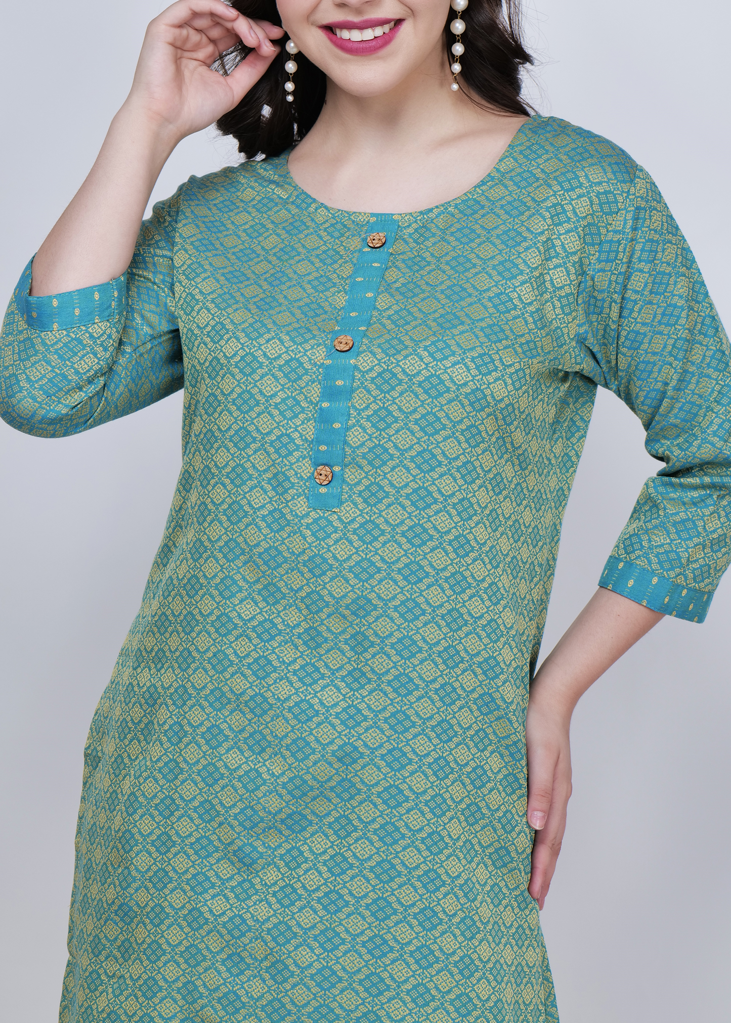 Jacquard Cotton Kurta With Palazzo and Dupatta - Green